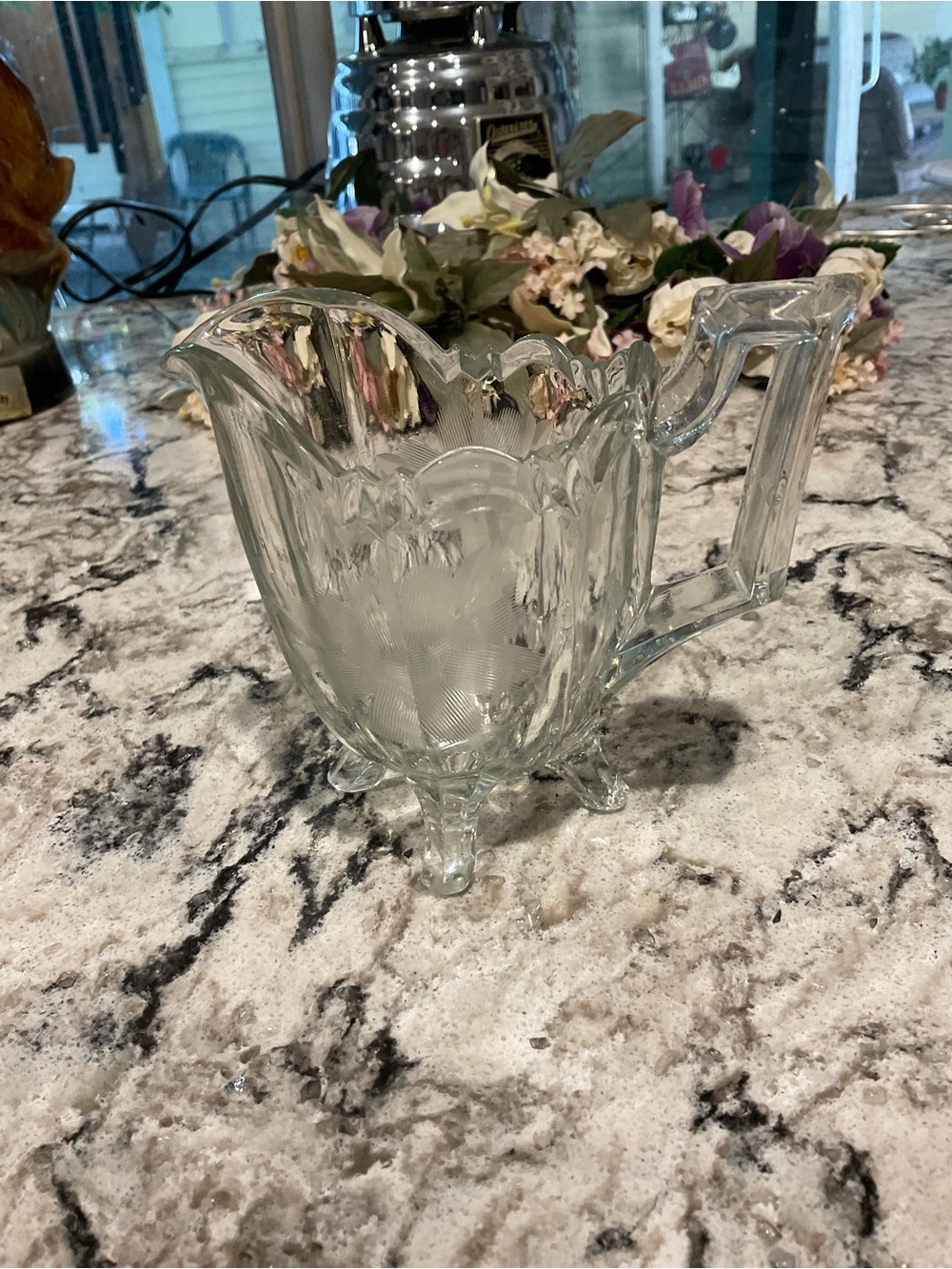 #7..VINTAGE COLONIAL CHIPPENDALE FOOTED-ETCHED GLASS CREAMER